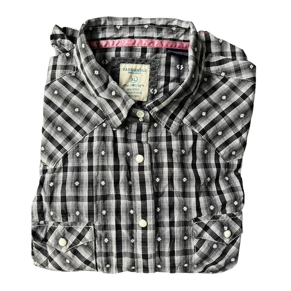 Panhandle Rough Stock Western Plaid Shirt Womens XL Black White Pearl snap‎